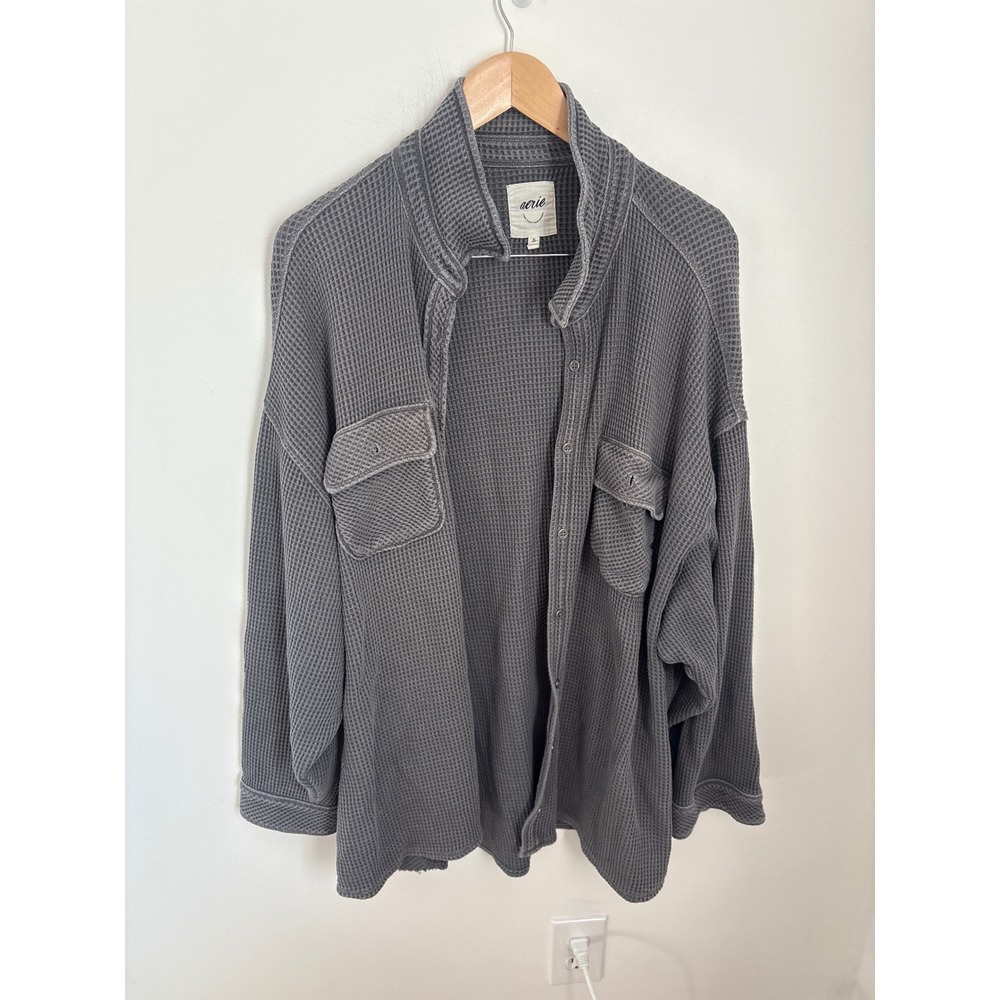 Aerie Waffle Knit Oversized Button Down Shirt Charcoal Gray XL Pockets Shacket